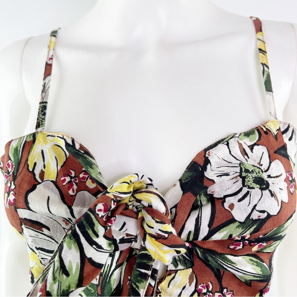 FAITHFULL The Brand Women's Brown Floral Front Knot Crop Top 100% Linen Size 4 - Picture 2 of 10
